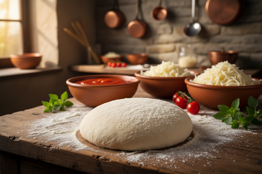 Gegangener Pizzateig auf bemehlter Holzfläche, im Hintergrund Tomatensauce, geriebener Käse und Kräuter