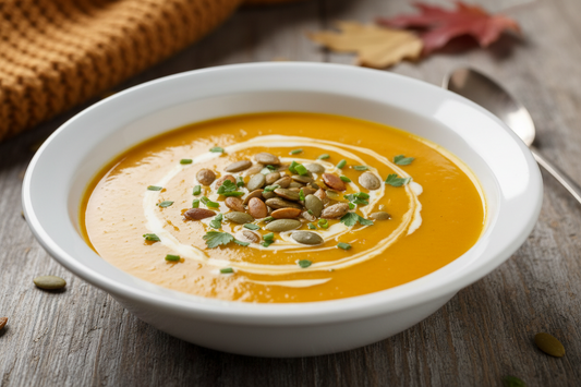 Cremige Kürbissuppe mit Kürbiskernen, Rahm und Kräutern in einer weißen Schüssel